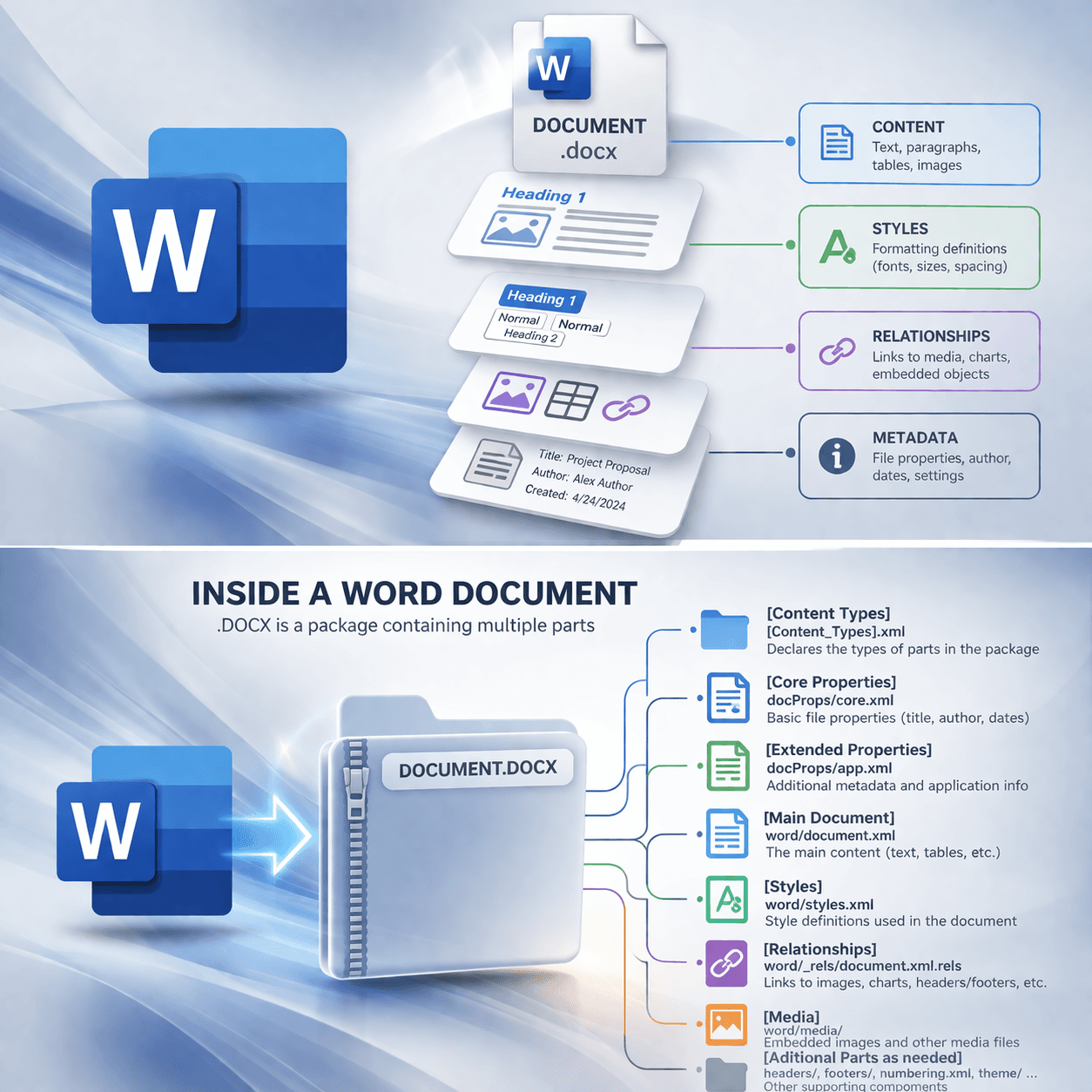 Diagram showing the internal structure of a .docx file — Content_Types.xml, core properties, styles, relationships, and media folders