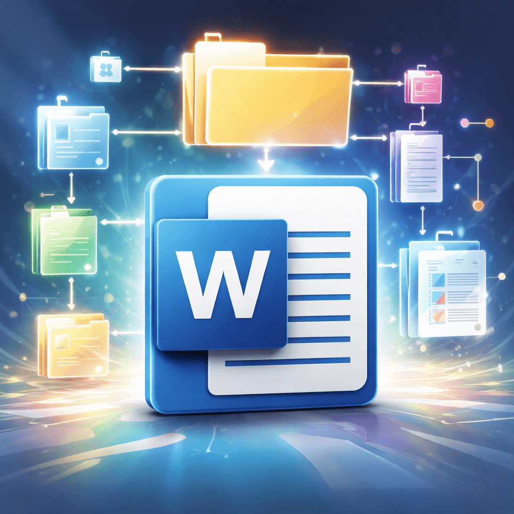 A Word document icon surrounded by folder and file icons representing the internal ZIP archive structure of a .docx file