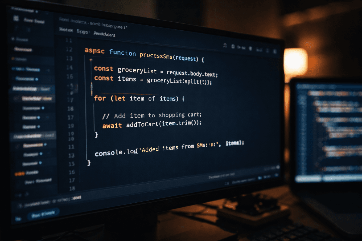 Code editor showing the processSms function that parses text messages and adds items to a Kroger shopping cart