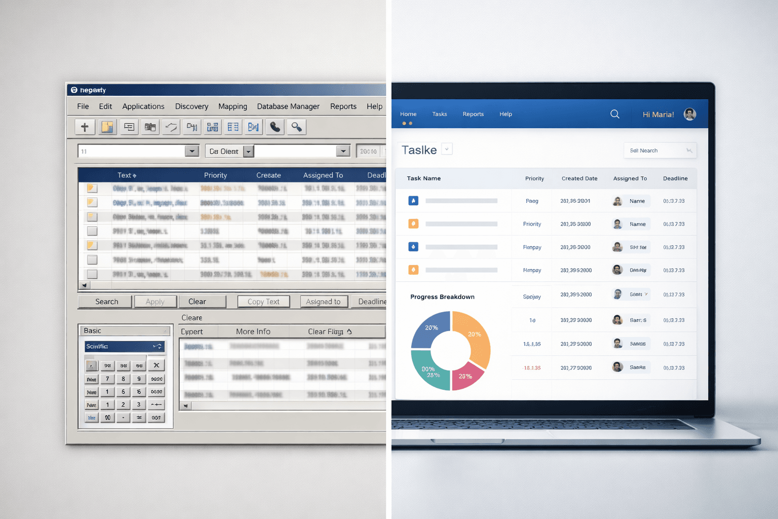 Legacy spreadsheet-style task list versus modern task management interface with visual progress tracking